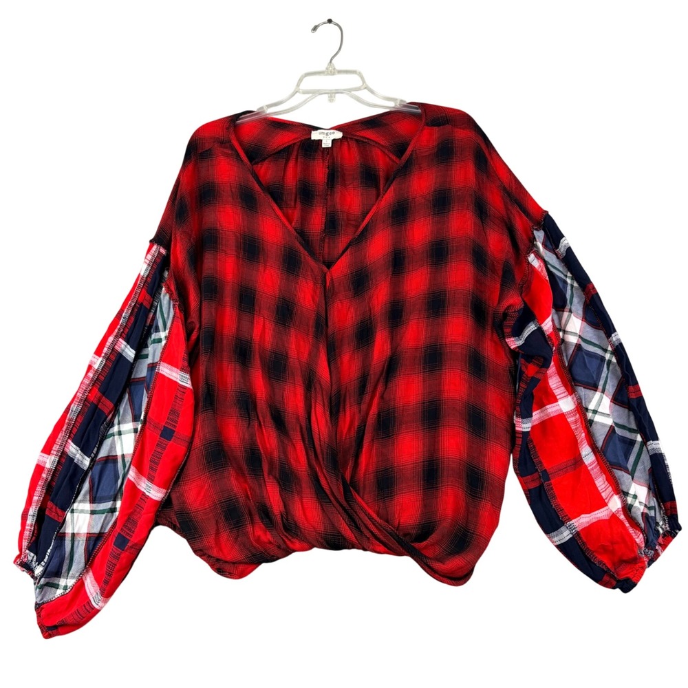 Umgee L Red Buffalo Plaid Blouse Mixed Print Balloon Sleeve V-Neck Boho Festival